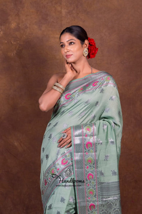 Pure Katan Silk Meenakari Banarasi Saree mint green front view