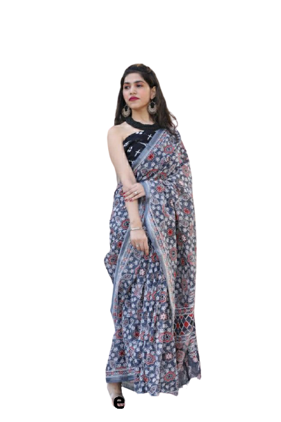 Khadi linen block print saree