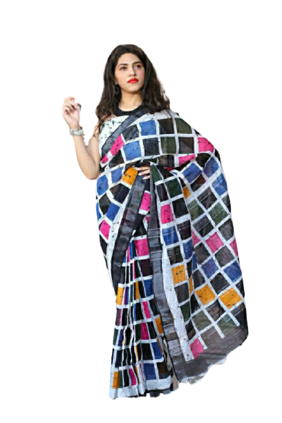 Khadi linen block print saree