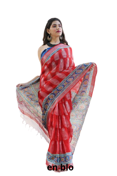 Khadi linen block print saree