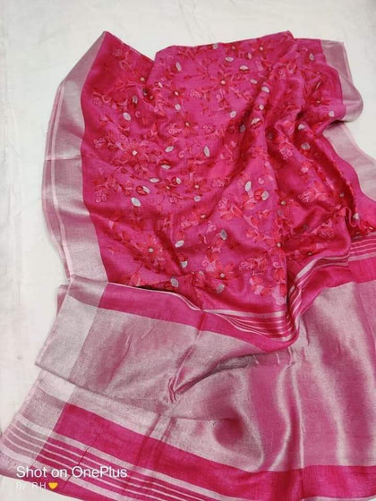 Pure silk linen embroidery saree