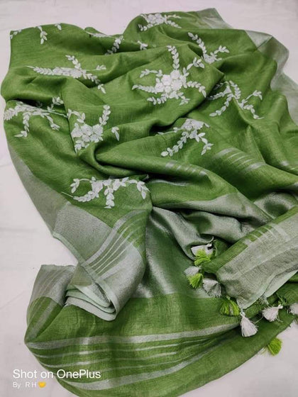 Pure silk linen embroidery saree