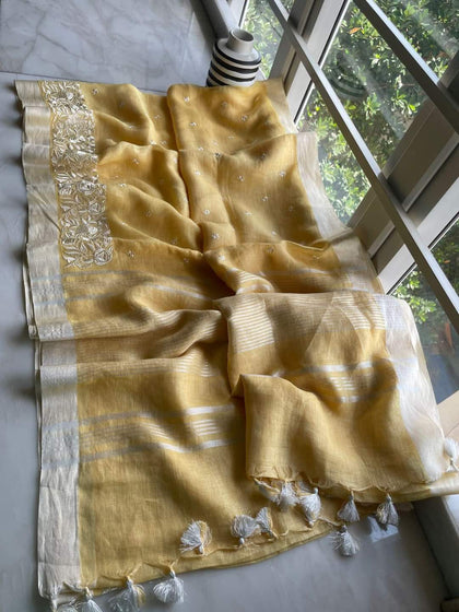 Organza Silk Saree - Organza Silk linen embroidery saree
