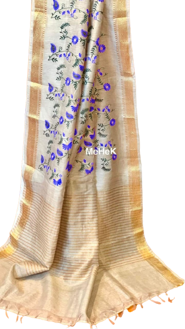 Silk Linen Embroidery Saree M J HANDLOOMS