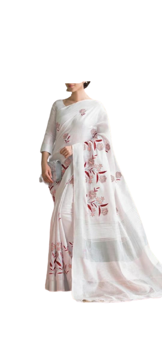 Pure Linen Embroidery Saree M J HANDLOOMS