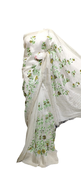 Silk linen Embroidery saree M J HANDLOOMS