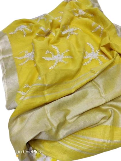 Pure silk linen embroidery saree