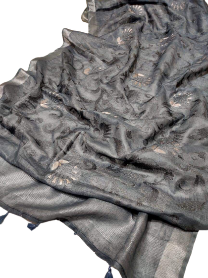 Pure silk linen embroidery saree