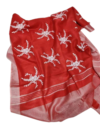 Pure silk linen embroidery saree