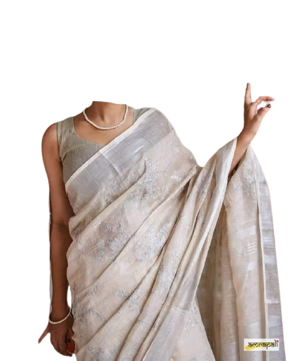 Pure silk linen embroidery saree