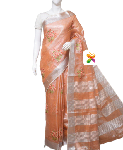 Purw Linen Tissue Saree With Embroidery