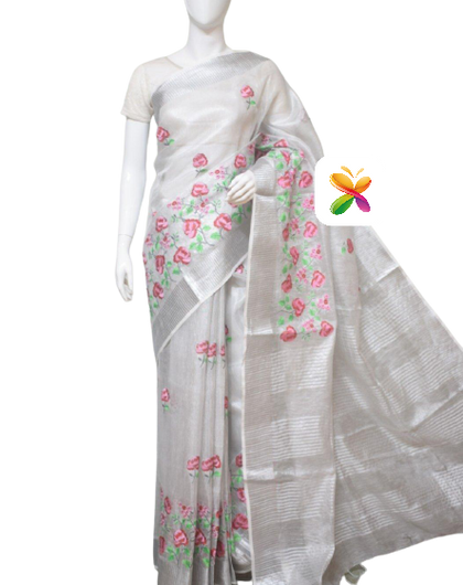 Pure Linen Tissue Saree With Embroidery