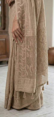 Pure Tussar Silk Warm Beige Hand Cutwork Saree – Cutwork Detail
