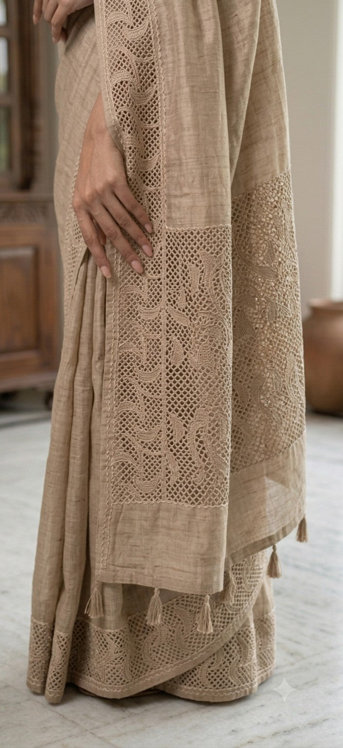 Pure Tussar Silk Warm Beige Hand Cutwork Saree – Cutwork Detail