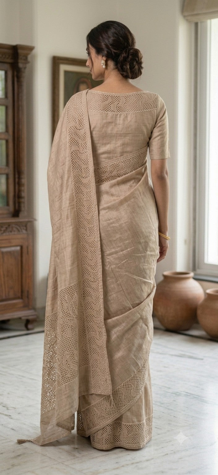 Pure Tussar Silk Warm Beige Hand Cutwork Saree – Back View