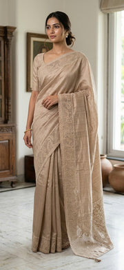 Pure Tussar Silk Warm Beige Hand Cutwork Saree – Front View