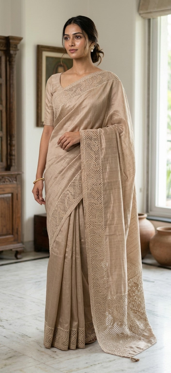 Pure Tussar Silk Warm Beige Hand Cutwork Saree – Front View