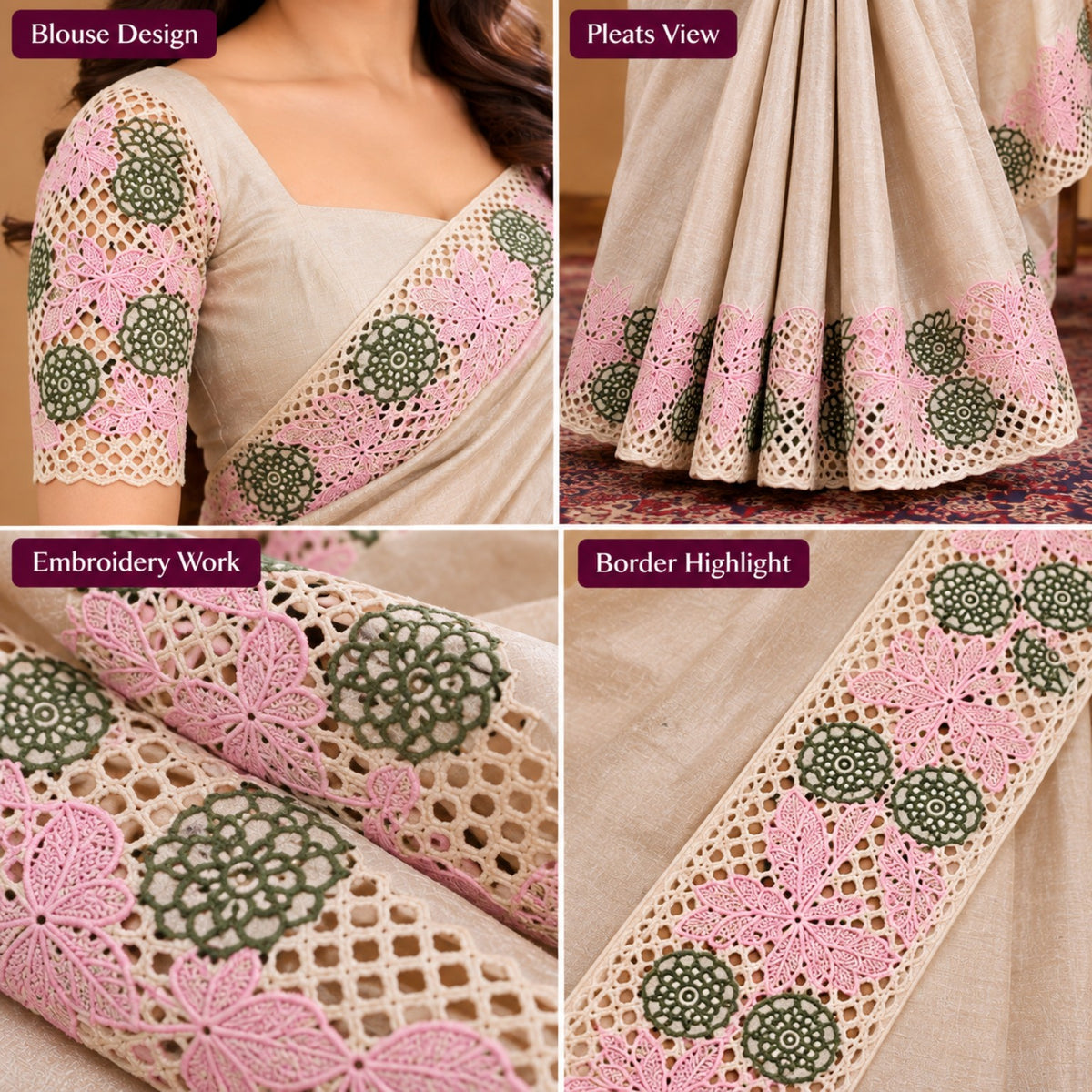 Close-up of saree pleats, pink embroidery and cutwork border
