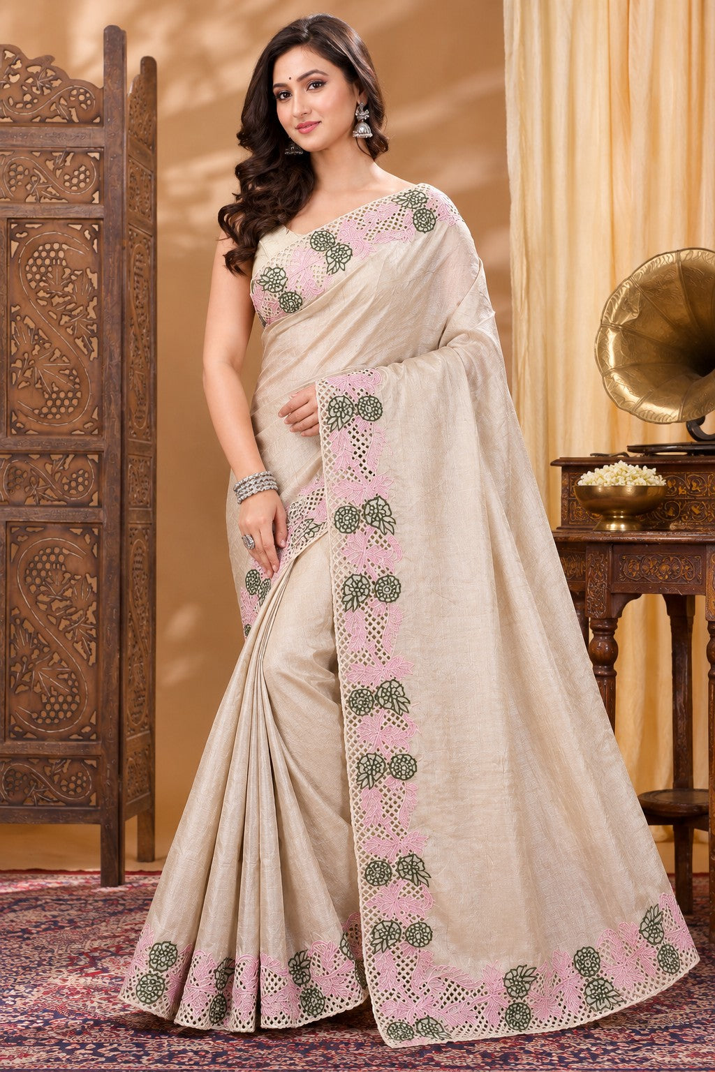 Beige Tussar silk cutwork saree front view with pink and olive green embroidery