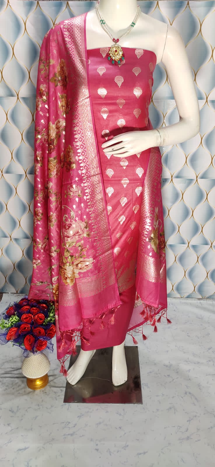 Top and dupatta fabric banarasi chandari silk dovi suit resam work