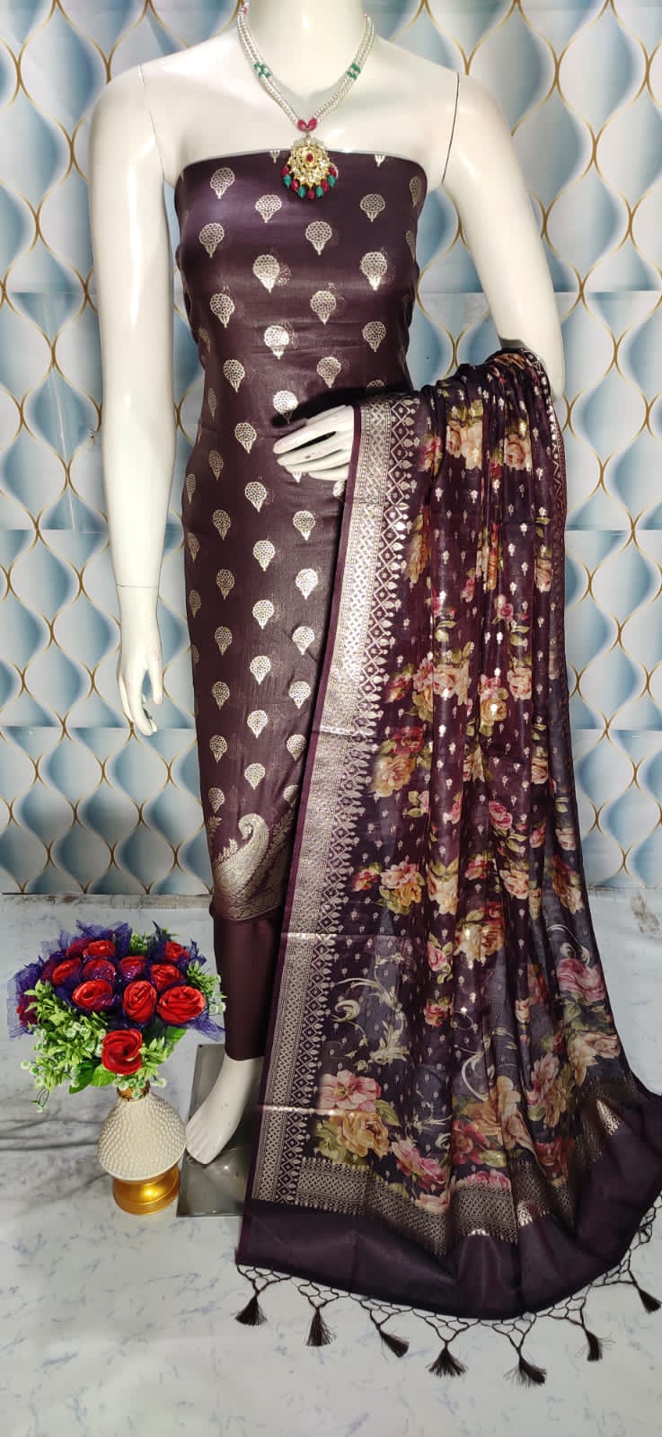 Top and dupatta fabric banarasi chandari silk dovi suit resam work