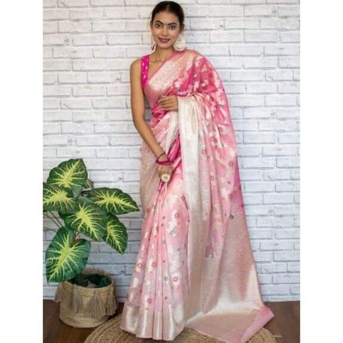 Banarasi Rose Pink semi georgette silk saree full look