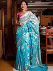Banarasi Turquoise Blue semi georgette silk saree with designer rich pallu