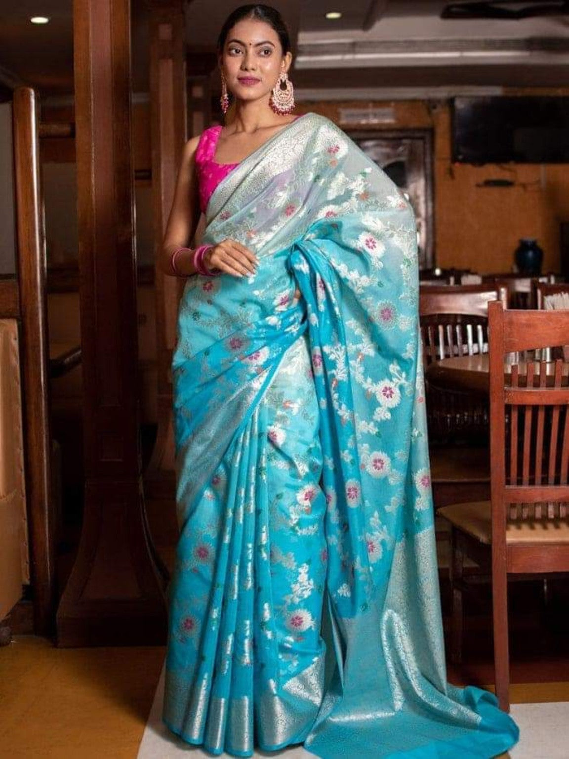 Banarasi Turquoise Blue semi georgette silk saree with designer rich pallu