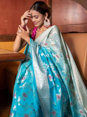 Banarasi Turquoise Blue semi georgette silk saree styling view