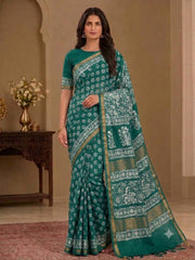 Bottle green Katan soft silk discharge print Bhagalpuri saree with white floral print and gold border