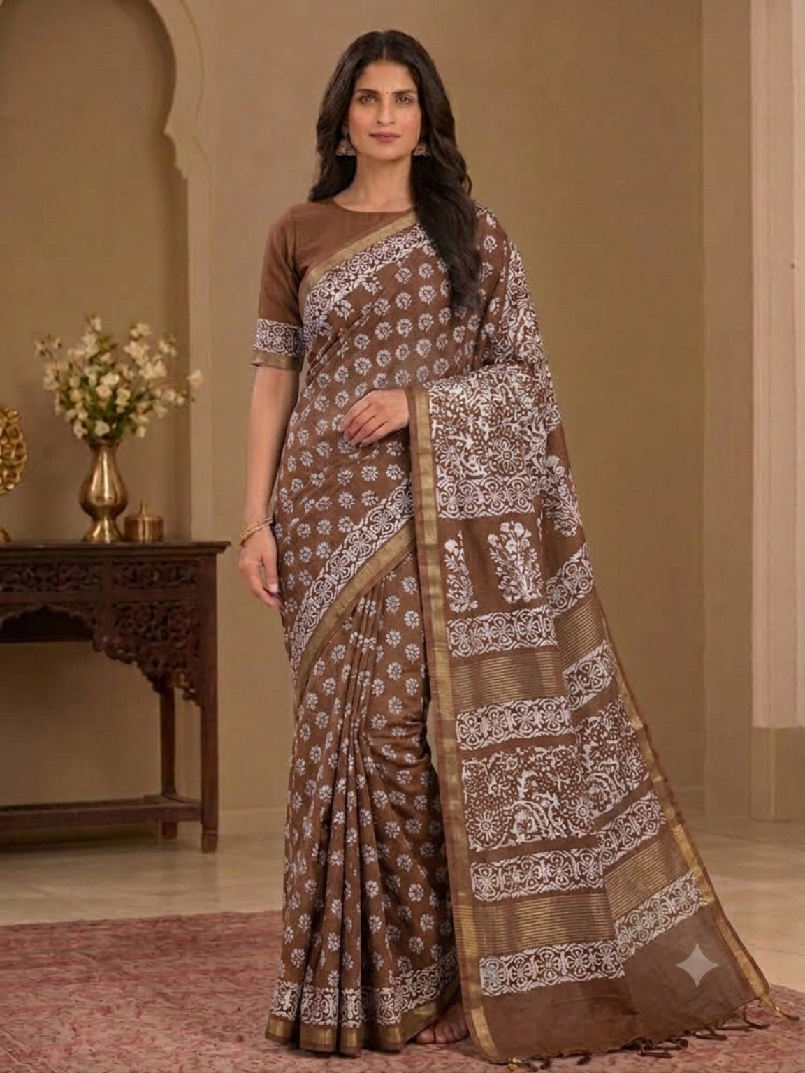 Coffee brown Katan soft silk discharge print Bhagalpuri saree with white floral print and gold border