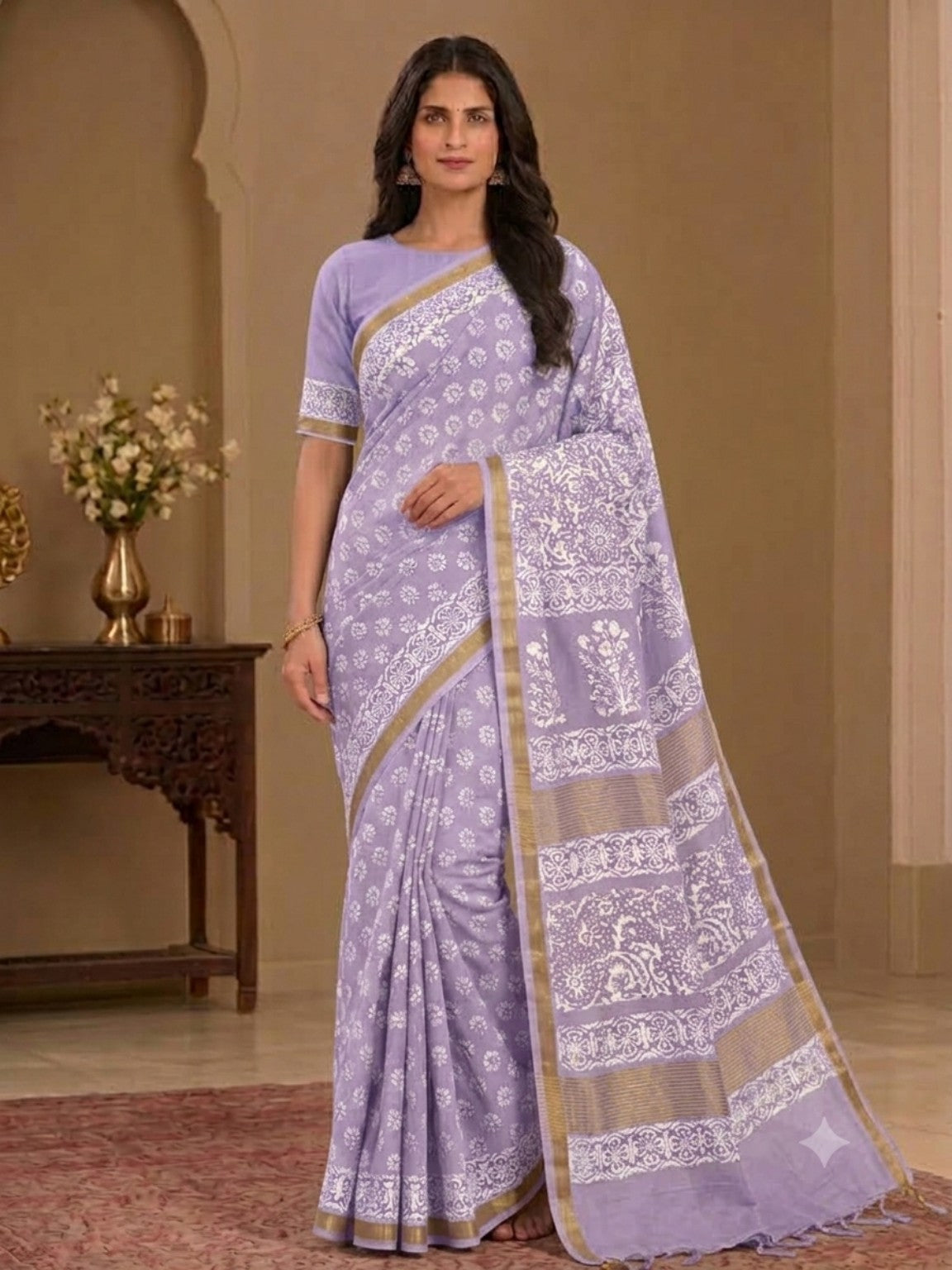 Lavender Katan soft silk discharge print Bhagalpuri saree with white floral print and gold border