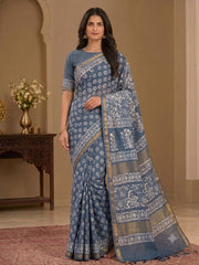 Slate blue Katan soft silk discharge print Bhagalpuri saree with white floral print and gold border
