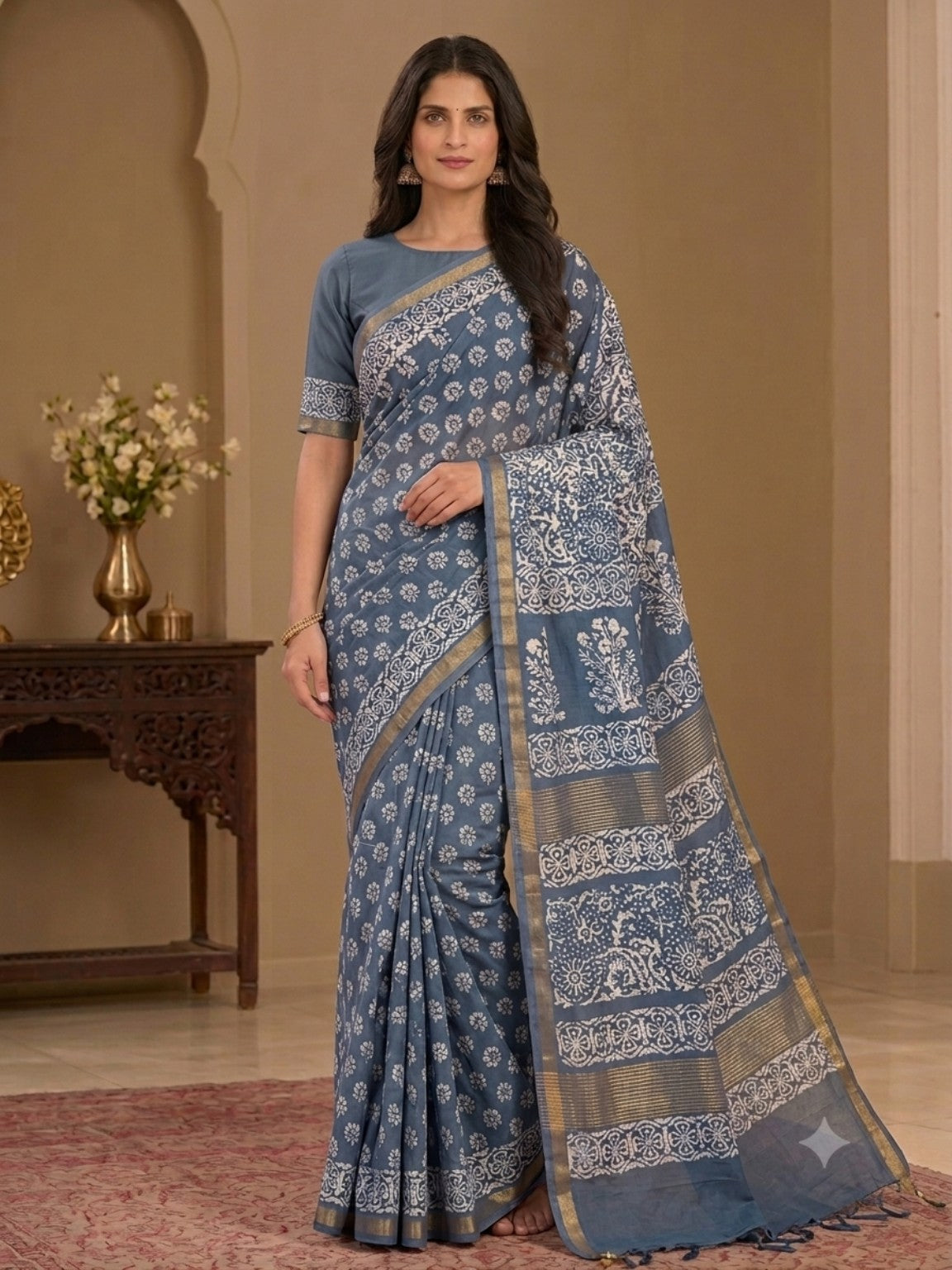Slate blue Katan soft silk discharge print Bhagalpuri saree with white floral print and gold border