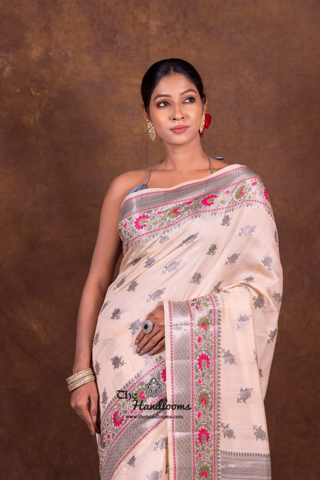 Pure Katan Silk Meenakari Banarasi Saree Blush Peach Pink front view