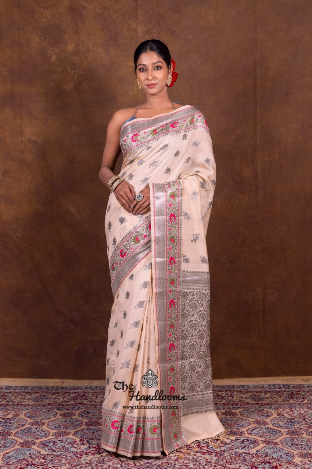 Pure Katan Silk Meenakari Banarasi Saree Blush Peach Pink full look