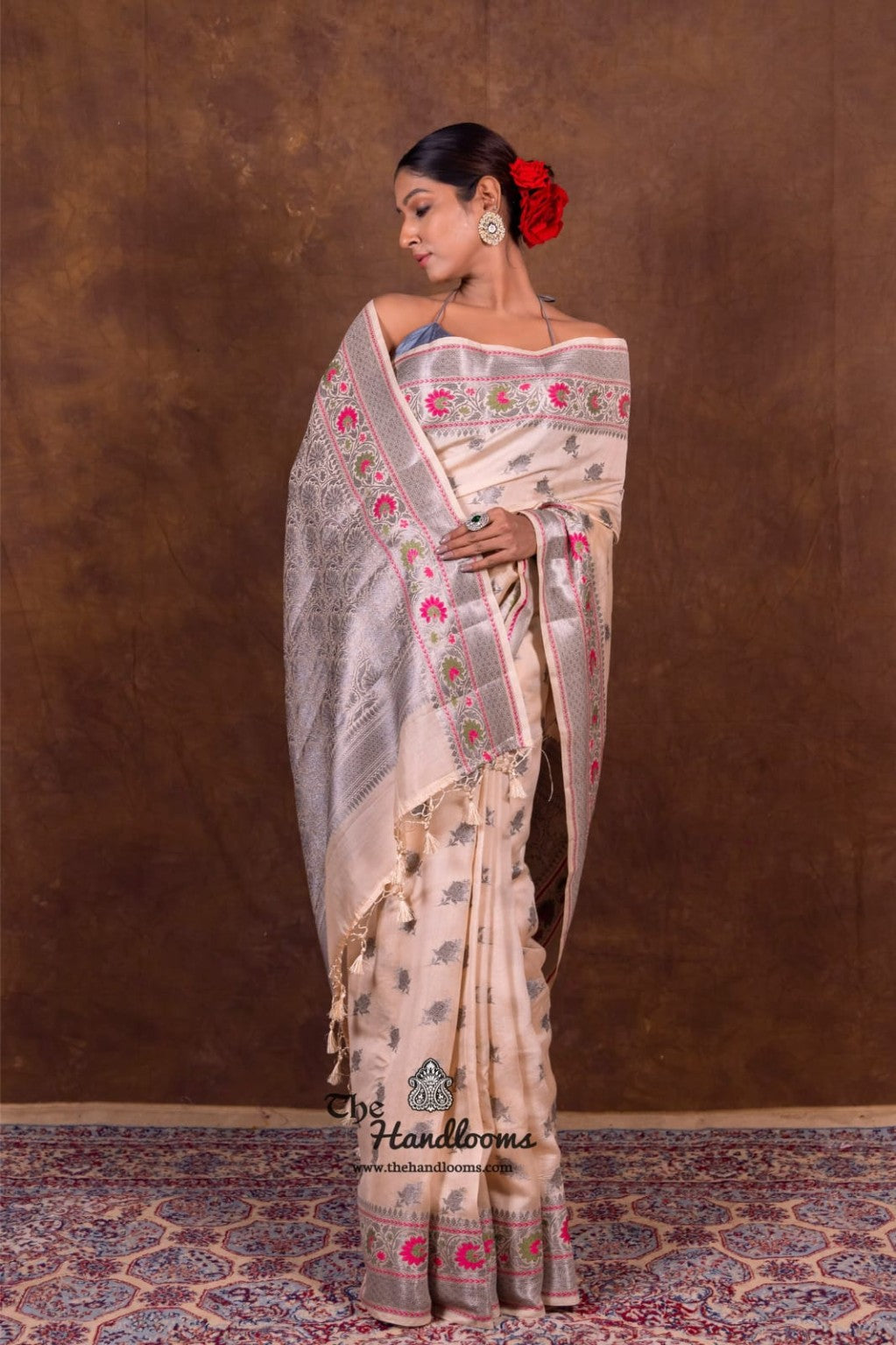 Pure Katan Silk Meenakari Banarasi Saree Blush Peach Pink pallu border