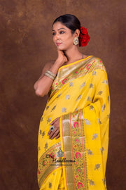 Pure Katan Meenakari Banarasi Saree Mango Gold Yellow front view