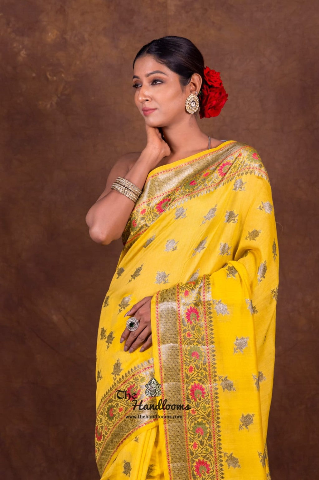 Pure Katan Meenakari Banarasi Saree Mango Gold Yellow front view