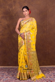 Pure Katan Meenakari Banarasi Saree Mango Gold Yellow full look