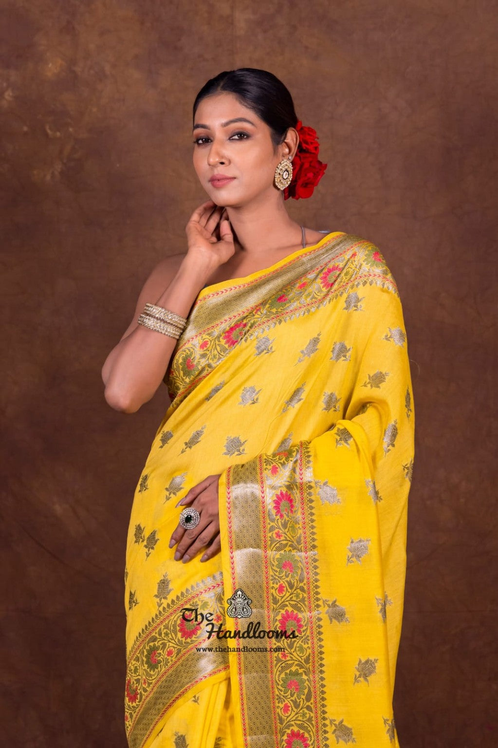 Pure Katan Meenakari Banarasi Saree Mango Gold Yellow close view