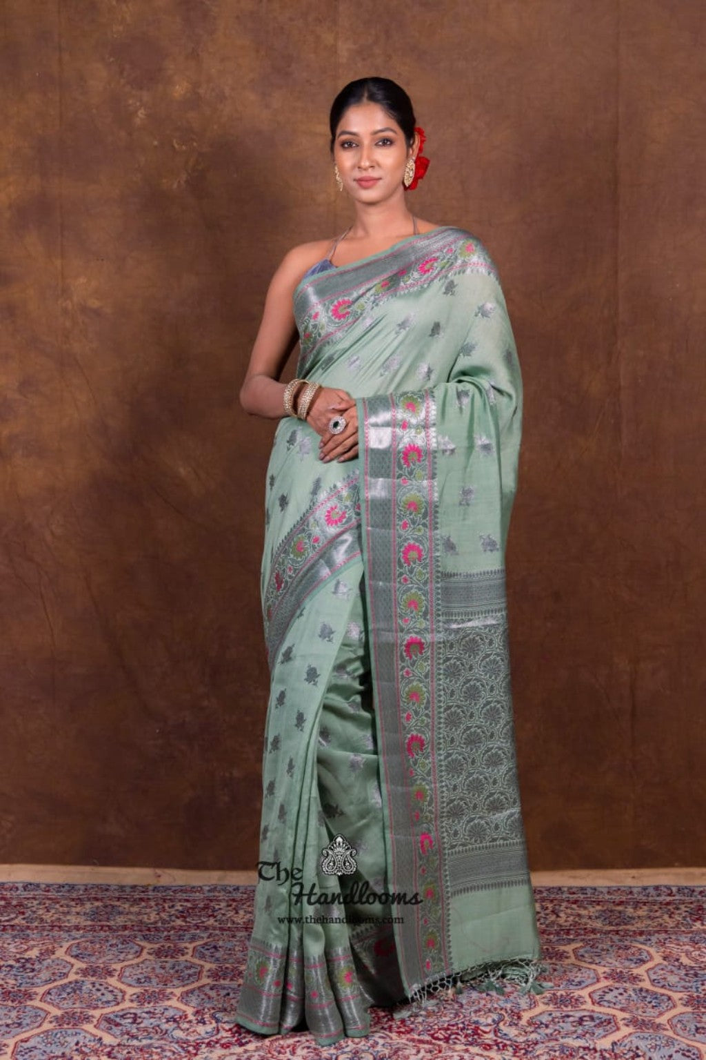 Pure Katan Silk Meenakari Banarasi Saree mint green full length view