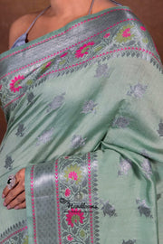 Pure Katan Silk Meenakari Banarasi Saree mint green border weave detail