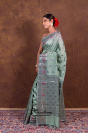 Pure Katan Silk Meenakari Banarasi Saree mint green pallu motif detail
