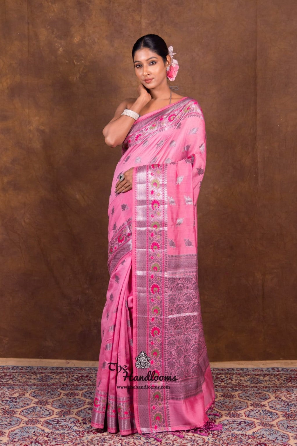 Pure Katan Meenakari Banarasi Saree Rose Pink full look