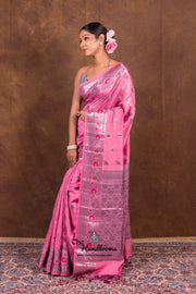 Pure Katan Meenakari Banarasi Saree Rose Pink front look