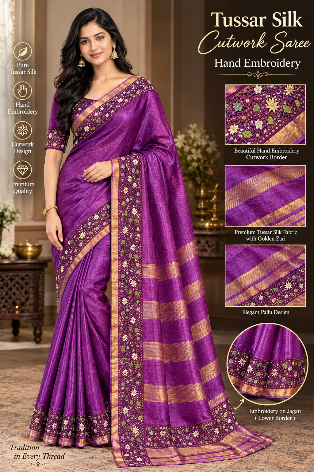 Tussar Silk cutwork saree