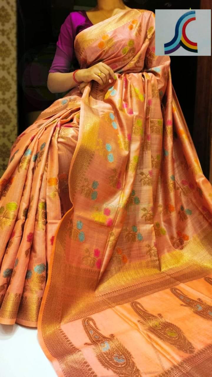 Pure tussar munga silk saree with beautiful meenakari design