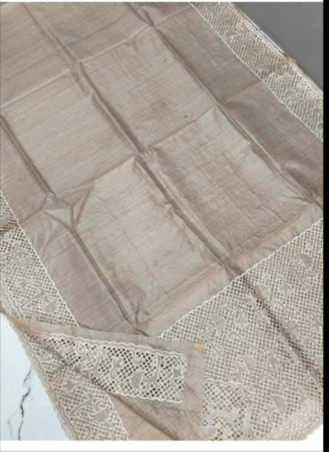 Pure Tussar Silk Warm Beige Hand Cutwork Saree – Fabric and Cutwork Detail