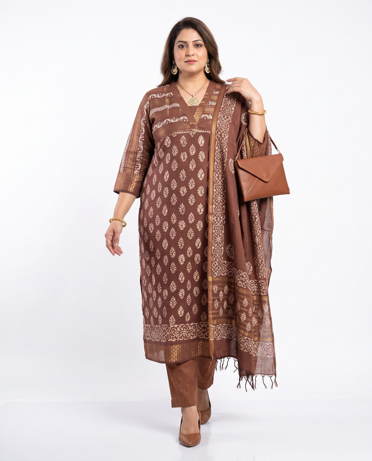 Silk Cotton Chanderi Suit Brown